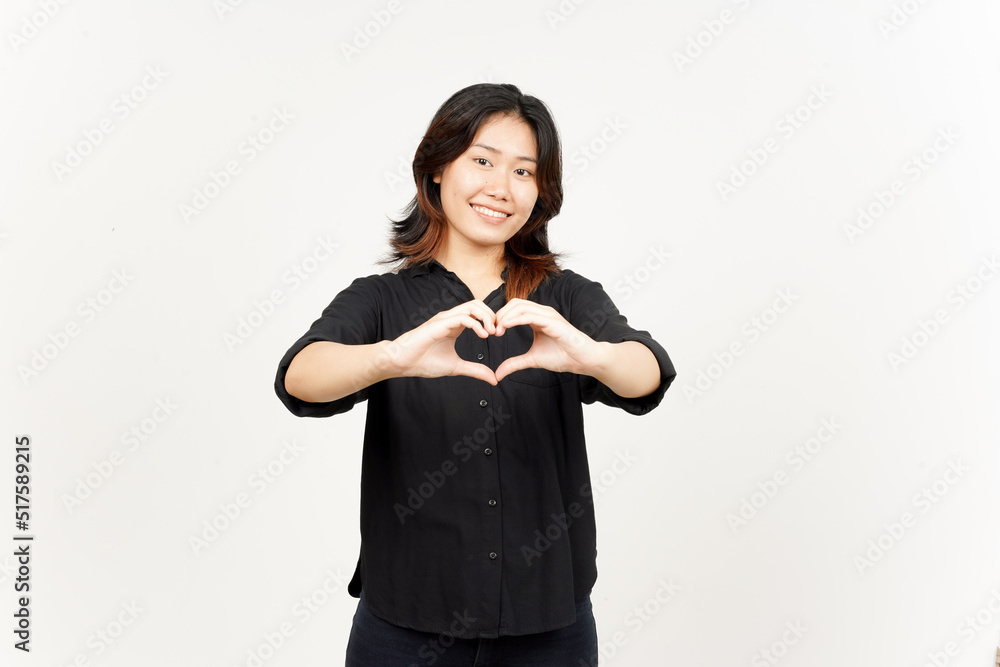 Showing love sign of Beautiful Asian Woman Isolated On White Background Showing love sign of Beautiful Asian Woman Isolated On White Background