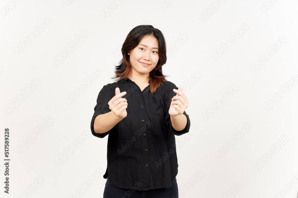 Showing Korean love finger of Beautiful Asian Woman Isolated On White Background Showing Korean love finger of Beautiful Asian Woman Isolated On White Background