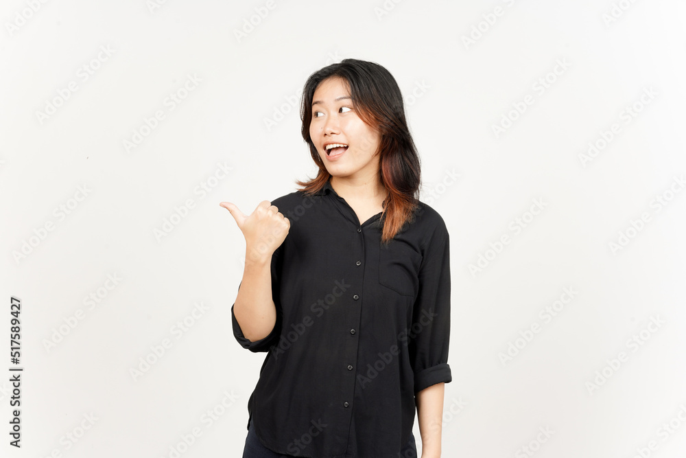 Presenting and Pointing Side Product Using Thumb of Beautiful Asian Woman Isolated On White Presenting and Pointing Side Product Using Thumb of Beautiful Asian Woman Isolated On White