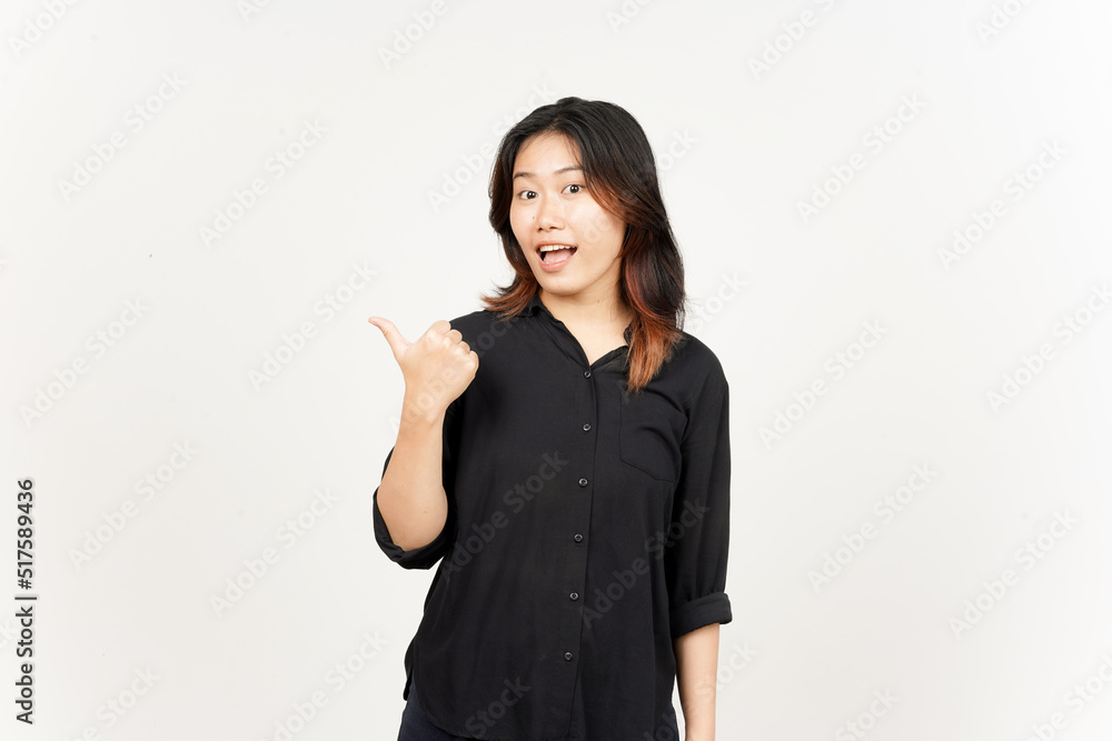 Presenting and Pointing Side Product Using Thumb of Beautiful Asian Woman Isolated On White Presenting and Pointing Side Product Using Thumb of Beautiful Asian Woman Isolated On White
