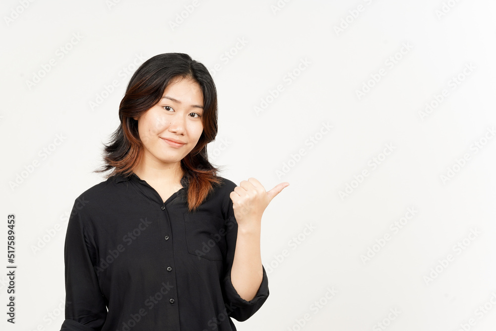 Presenting and Pointing Side Product Using Thumb of Beautiful Asian Woman Isolated On White Presenting and Pointing Side Product Using Thumb of Beautiful Asian Woman Isolated On White
