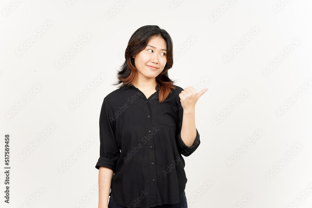 Presenting and Pointing Side Product Using Thumb of Beautiful Asian Woman Isolated On White Presenting and Pointing Side Product Using Thumb of Beautiful Asian Woman Isolated On White