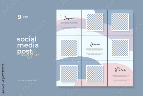 instagram puzzle template, abstract element instagram post design, pastel background, instagram puzzle feed pack template.