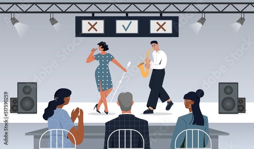 Talent show concept. Man and woman perform in public. Guy with saxophone and woman with microphone on stage. Musicians sing song, future celebrity in front of jury. Cartoon flat vector illustration