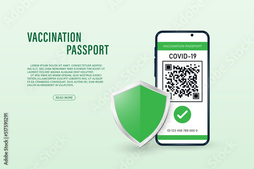 Vector Covid-19 vaccine passport on smartpnone with QR code immune certified. Mobile phone with shield.