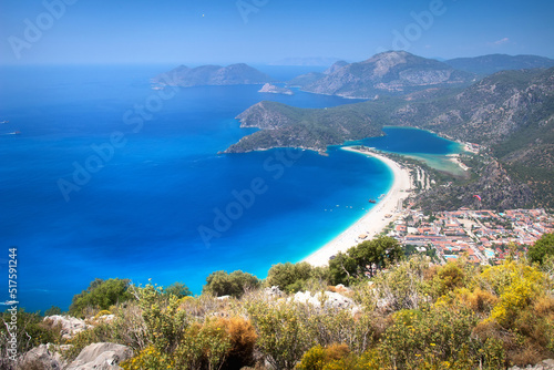 Amazing landscape of of Mediterranean coast, mountains, town Oludeniz from lycian path. Active travelling on mountains, Turkey, Fethiye. 