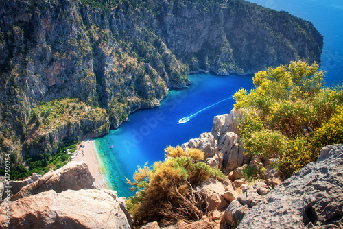 The Butterfly Valley near Fethiye is a famous beautiful place on lycian path, Faralya. Blue lagoon surrounded by mountains. The coast of this place can only be reached by boat.