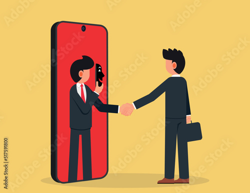 Business fraud or betrayal. Businessman shaking hands with his partner hiding behind mask