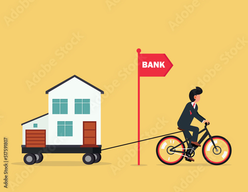 Riding and businessman pulling house. Mortgage Refinancing Loan