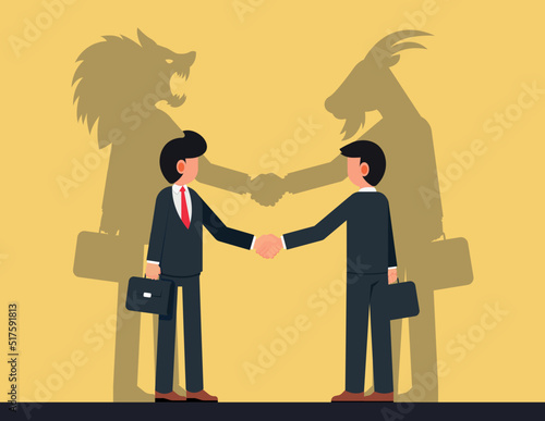 Trickery or Betrayal. Business Partners Male Characters with Shadows of Wolf and Sheep behind of them Shaking Hands
