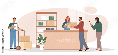 Customers on shop. Man and woman at checkout receive goods and pay for purchases. Modern trade, supermarket or market. Warehouse characters, logistics concept. Cartoon flat vector illustration