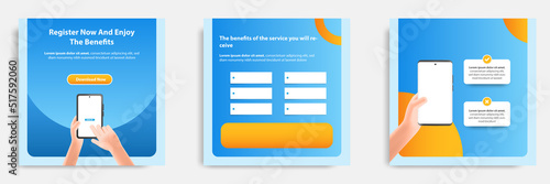 Social media post banner template layout in 3D cartoon style. Mobile app feature and benefit explanation concept in gradient blue background color