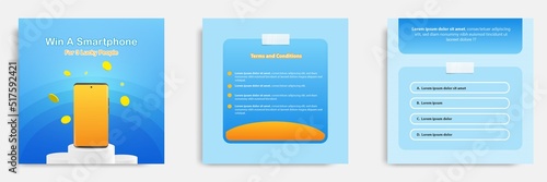 Social media post banner template layout in3D cartoon style. Quiz, challenge, gift, lottery, giveaway concept, prize on podium platform