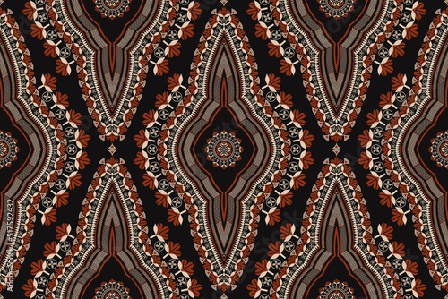 Vector ethnic tribal african red-gold color flower shape seamless pattern on black background. Use for fabric, textile, interior decoration elements, upholstery, wrapping.