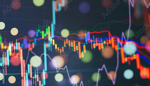 Finance data concept. Analytics report status information of stock market in digital screen. which including of candle stick trend and digital number synbol. photo