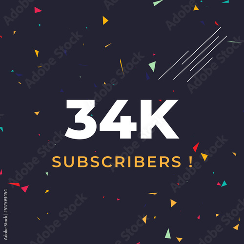 Thank you 34k or 34 thousand subscribers with colorful confetti background. Premium design for social site posts, social media story, web banner, poster, social media banner celebration.