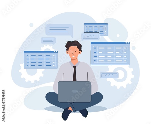 Software developers with laptop. Programmer writes code, develops application or program. Remote employee or freelancer, IT specialist with gadget or device. Cartoon flat vector illustration