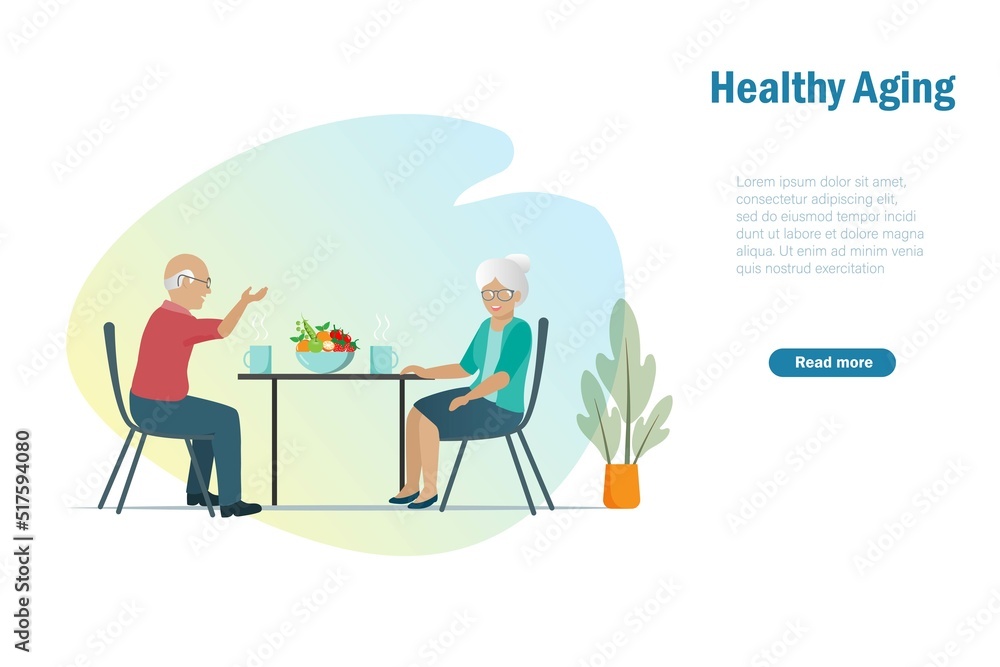Healthy aging, senior care concept. Happy elderly couple drinking and talking at table.