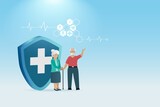 Senior couple with protection from medical insurance shield guard. Medical and healthcare insurance planning for elderly, healthy aging concept.