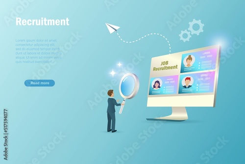 Online recruitment, we are hiring concept. Businessman searching for qualified person from candidate application to put on vacancy position. Human resources management.