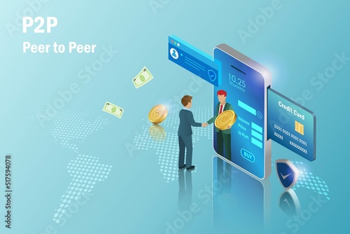 P2P, peer to peer trading, fiat and spot online crypto currency trading, global financial technology concept. Businessman exchange digital money via smart phone platform application. photo