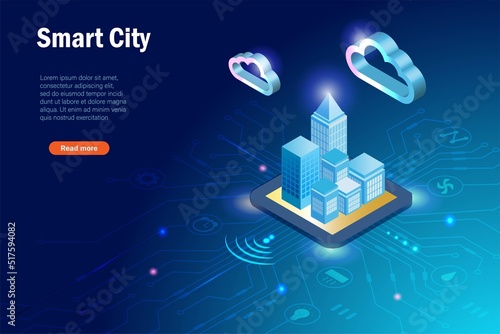 Smart city buildings and home appliances control on microchip board with cloud computing and wireless technology in futuristic background. Intelligence 5G internet of things concept.
