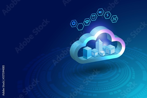 Smart city in cloud computing with smart services network connecting. Wireless storage technology with data protection in futuristic background.