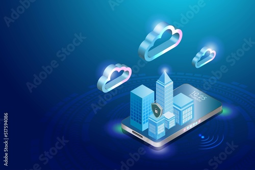 Smart city on smartphone with cloud computing technology and cyber security protection in futuristic background. Intelligence 5G internet of things concept.