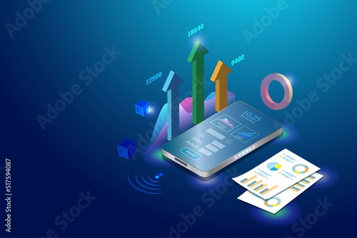Business analysis with data report. Smartphone app analysing growth graph sales report in 3D. Innovation technology for successful business, digital marketing and strategy planning in futuristic.