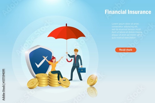 Financial insurance, money deposit protection concept. Woman sit on gold coins with insurance agent hold red umbrella and field protection.