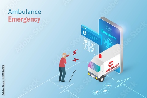 Emergency medical ambulance service. Senior man online calling for help from ambulance on smart phone. Medical, health care innovation technology for elderly people.