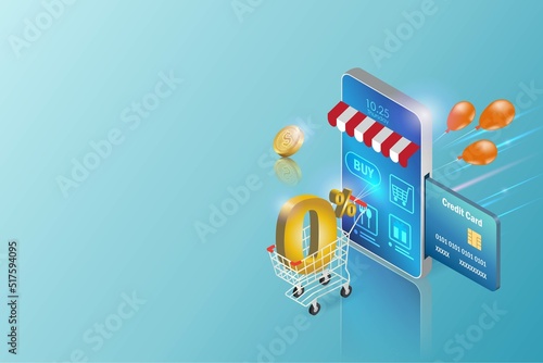 Shopping cart with 0% interest fee credit card payment on smart phone. Money spending on e commerce, financial, banking promotion for online shopping concept.