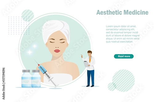 Aesthetic doctor with dermal filler medicine and beautiful woman face. Idea for aesthetic medicine, plastic surgery, cosmetology treatment, professional anti aging business.