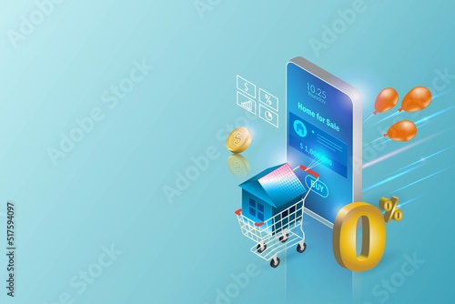 Home shopping with 0% interest fee in shopping trolley running from smartphone. Home loan, real estate, mortgage property and refinance online  promotion concept.