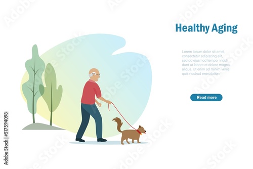 Active senior man walking with dog at park outdoor. Healthy aging, elderly care and wellness concept.