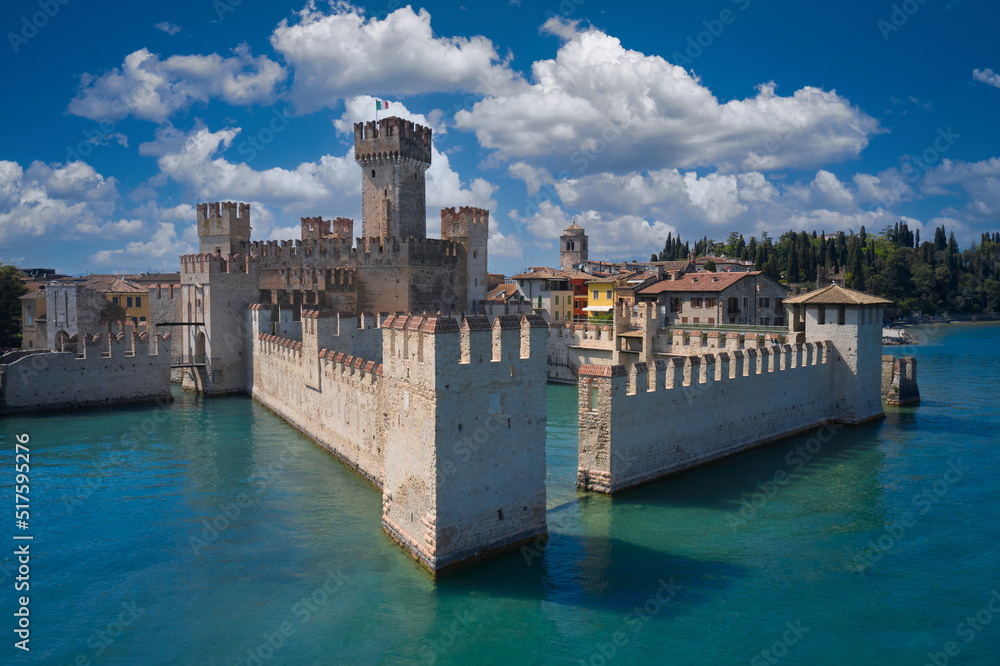 Aerial view of Sirmione, Lake Garda. View Town of Sirmione entrance walls view. Lago di Garda, Lombardy region of Italy drone view.