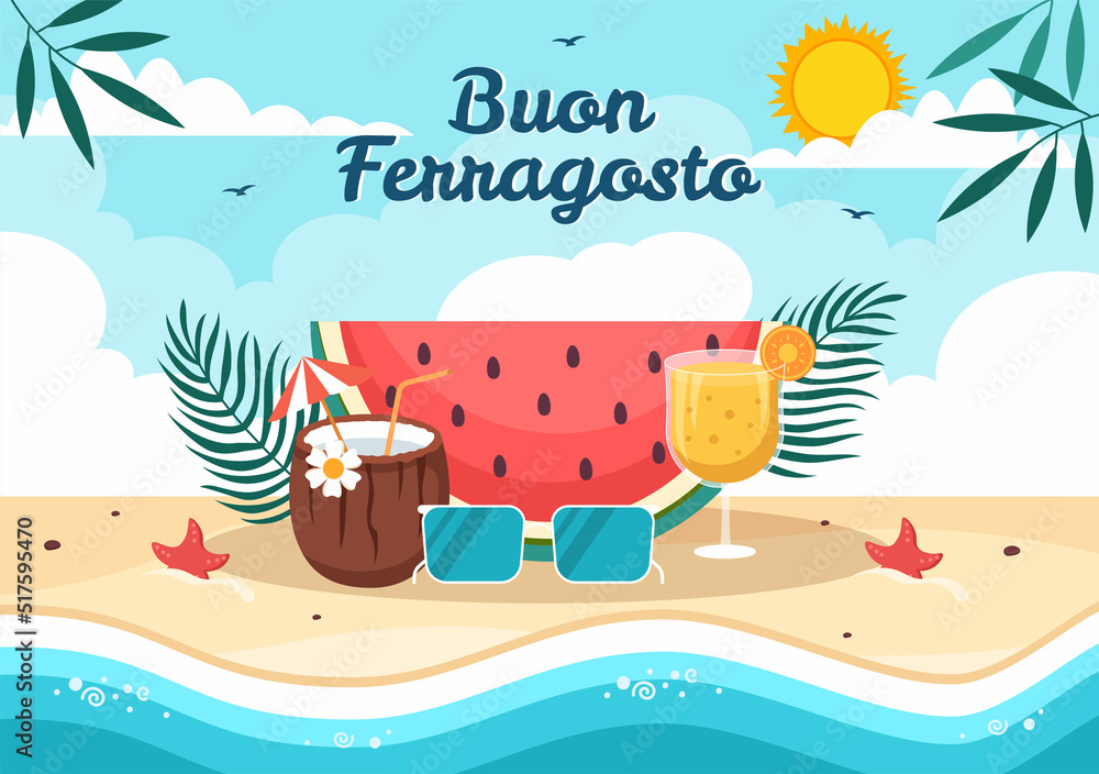 Naklejka premium Buon Ferragosto Italian Summer Festival in Beach Cartoon Illustration on Public Holiday Celebrated on 15 August in Flat Style Design