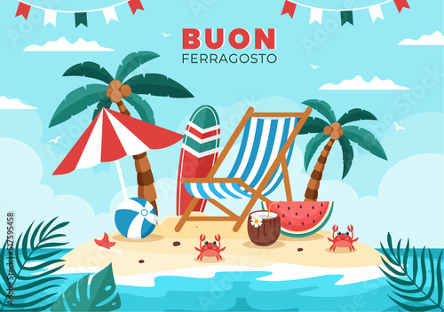 Buon Ferragosto Italian Summer Festival in Beach Cartoon Illustration on Public Holiday Celebrated on 15 August in Flat Style Design