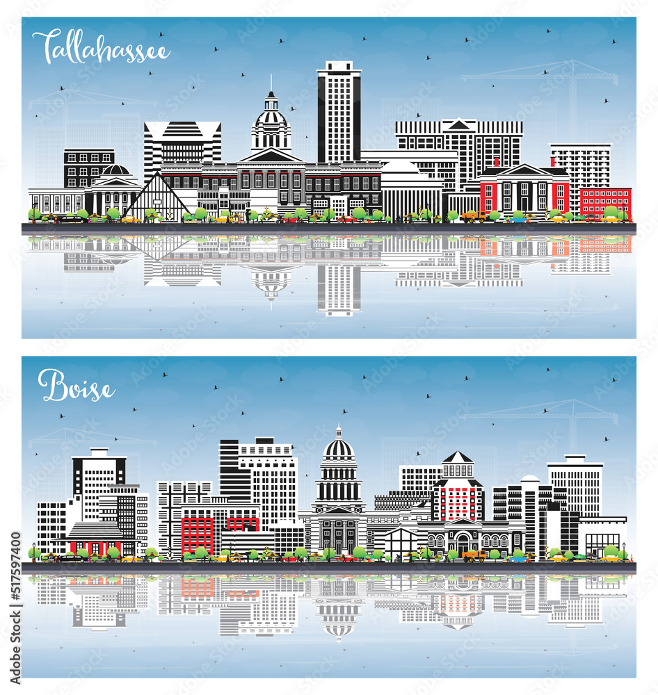 Boise Idaho and Tallahassee Florida City Skyline Set with Color Buildings, Blue Sky and Reflections.