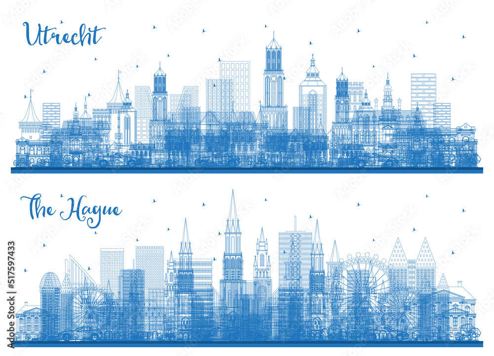Fototapeta premium Outline Utrecht Netherlands City Skyline with Blue Buildings.