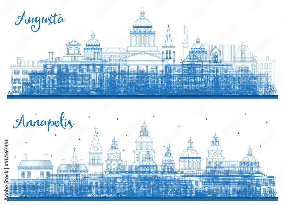Outline Annapolis Maryland and Augusta Maine City Skyline Set with Blue Buildings.