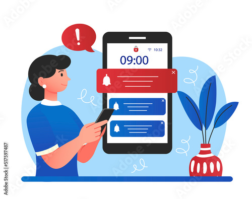 Push notifications concept. Woman with smartphone checks news in applications. Program updates, messages in instant messengers and social networks. Announcement. Cartoon flat vector illustration