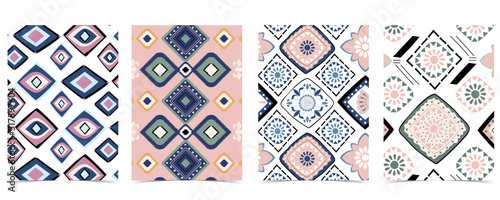 Blue geometric seamless pattern in boho style with square,tribal and circle