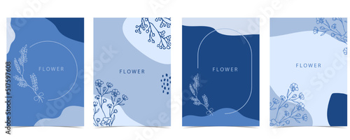 Blue baby shower invitation with flower. Vector birthday invitation for kid and baby