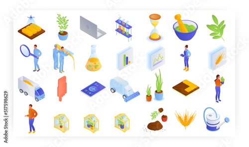 Smart farm, biotechnology, agricultural drone, vector icon set. Intelligent combine harvester, tabletop greenhouse, GMO.