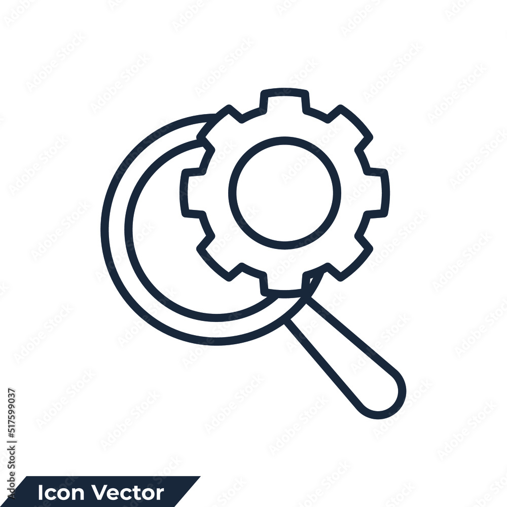 optimization icon logo vector illustration. Gears wheel and magnifying glass symbol template for graphic and web design collection optimization icon logo vector illustration. Gears wheel and magnifying glass symbol template for graphic and web design collection