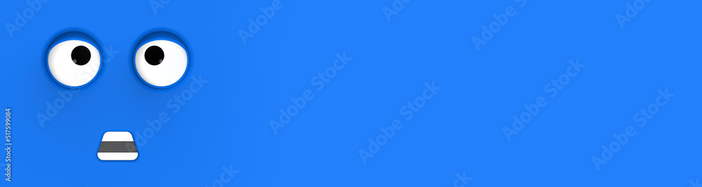 Blue face of cute character. Cute face. stupid face. emotion surprise. Horizontal image. Banner for insertion into site. Place for text cope space. Surprised face. 3D image. 3D rendering. Blue face of cute character. Cute face. stupid face. emotion surprise. Horizontal image. Banner for insertion into site. Place for text cope space. Surprised face. 3D image. 3D rendering.