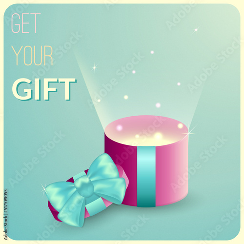 Banner GET YOUR GIFT. Open box with beautiful bow in tender warm colors. A present box