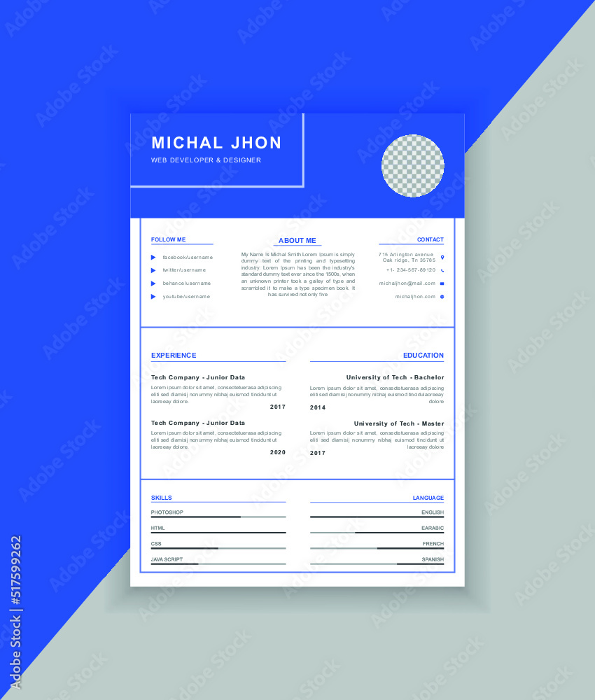 Obraz premium Blue CV or resume template with white 
