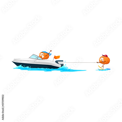 Cartoon funny mandarin fruits on jet ski, vector citrus sportsman character riding water skis on rope and boat. Watersport recreation, summer holidays activity, cheerful personages on waterski